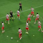 Futbal vo futbale – Majstrovstvá sveta vo futbale 2026 – Skupina F – Švédsko vs. Tunisko – Estadio Monterrey, Monterrey, Mexiko – 14. júna 2026 Celkový pohľad na hráčov Tuniska počas rozcvičky pred zápasom REUTERS/Raquel Cunha