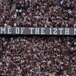 20. decembra 2025; College Station, TX, USA; Pohľad na fanúšikov a logo 12th Man pred zápasom medzi Aggies a Hurricanes na Kyle Field. Povinný kredit: Jerome Miron-Imagn Images