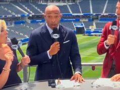 Thierry Henry ohromený, keď americký učenec kričí britskú nadávku naživo na majstrovstvách sveta Thierry Henry, Rebecca Lowe a Zlatan Ibrahimovič.