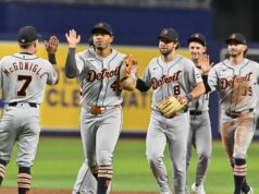 Tigre naháňajú vzácnu víťaznú sériu, víťazstvo v sérii nad Rays 1. júna 2026; Petrohrad, Florida, USA; Detroit Tigers oslavuje víťazstvo proti Tampe Bay Rays na ihrisku Tropicana Field. Povinný kredit: Pablo Robles-Imagn Images