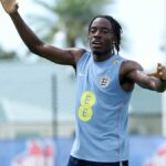 Noni Madueke #20 z Anglicka reaguje počas tréningu počas kempu Anglicka World Cup 2026 Camp 7. júna 2026 vo West Palm Beach na Floride