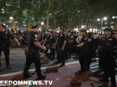 Večierok na hodinkách Knicks v New Yorku upadá do masovej bitky, keď policajti nasadzujú paprikový sprej v hanebných scénach Poriadková polícia bola nasadená na upokojenie davov pred Bryant Parkom v New Yorku
