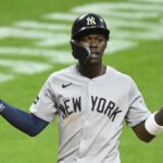 9. júna 2026; Cleveland, Ohio, USA; Druhý základný hráč New York Yankees Jazz Chisholm Jr. (13) reaguje po tom, čo v ôsmej smene proti Cleveland Guardians na Progressive Field zasiahol samostatný homerun. Povinný kredit: David Richard-Imagn Images