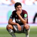 LONDÝN, ANGLICKO - 24. MÁJ: Mateus Fernandes z West Hamu United vyzerá po zápase Premier League medzi West Ham United a Leeds United na londýnskom štadióne 24. mája 2026 v anglickom Londýne skleslo. (Foto Richard Pelham/Getty Images)