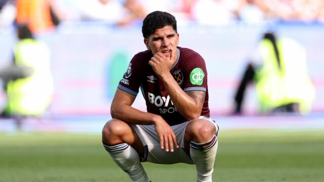 LONDÝN, ANGLICKO - 24. MÁJ: Mateus Fernandes z West Hamu United vyzerá po zápase Premier League medzi West Ham United a Leeds United na londýnskom štadióne 24. mája 2026 v anglickom Londýne skleslo. (Foto Richard Pelham/Getty Images)