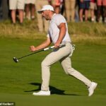 Wyndham Clark búrlivo oslavuje po tom, čo v nedeľu zahral birdie na 16. jamke v Shinnecock Hills