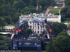 Zápas UFC v Bielom dome „je ONESKORENÝ“, pretože búrky podľa predpovedí spôsobia zmätok s Trumpovými narodeninami… po tom, čo mimo podujatia vypukli protesty proti prezidentovi Piesok je vidieť na južnom trávniku Bieleho domu z Washingtonovho pamätníka