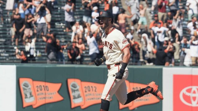 10. júna 2026; San Francisco, Kalifornia, USA; Bryce Eldrige (8) nominovaný na stopéra San Francisco Giants oslavuje, keď obchádza základne na grandslamovom turnaji za víťazstvom proti Washington Nationals počas deviatej smeny v Oracle Parku. Povinný kredit: Kelley L Cox-Imagn Images