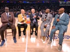 „Zaznamenajte tváre“: Napätý moment Šéf NBA sa VEĽMI úprimne vyjadruje k Trumpovi na zápase Knicks Shaquille O'Neal (vľavo), hostiteľ NBA Ernie Johnson (druhý zľava), komisár NBA Adam Silver (uprostred), Kenny Smith (druhý sprava) a Charles Barkley počas včerajšieho vysielania v Madison Square Garden