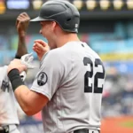 9. júla 2026; Petrohrad, Florida, USA; Útočník Ben Rice (22) z New York Yankees reaguje po tom, čo v tretej smene proti Tampe Bay Rays na Tropicana Field trafil dva body. Povinný kredit: Jonathan Dyer-Imagn Images