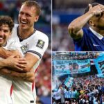 John Stones, Dan Burn, Kylian Mbappe a fanúšikovia Argentíny