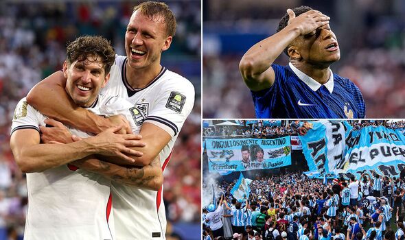 John Stones, Dan Burn, Kylian Mbappe a fanúšikovia Argentíny