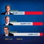 Výsledky volieb prezidenta FC Barcelona s Joanom Laportom a ďalšími dvoma kandidátmi.