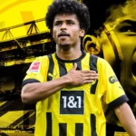 Karim Adeyemi v drese Borussie Dortmund oslavuje pred štadiónom.