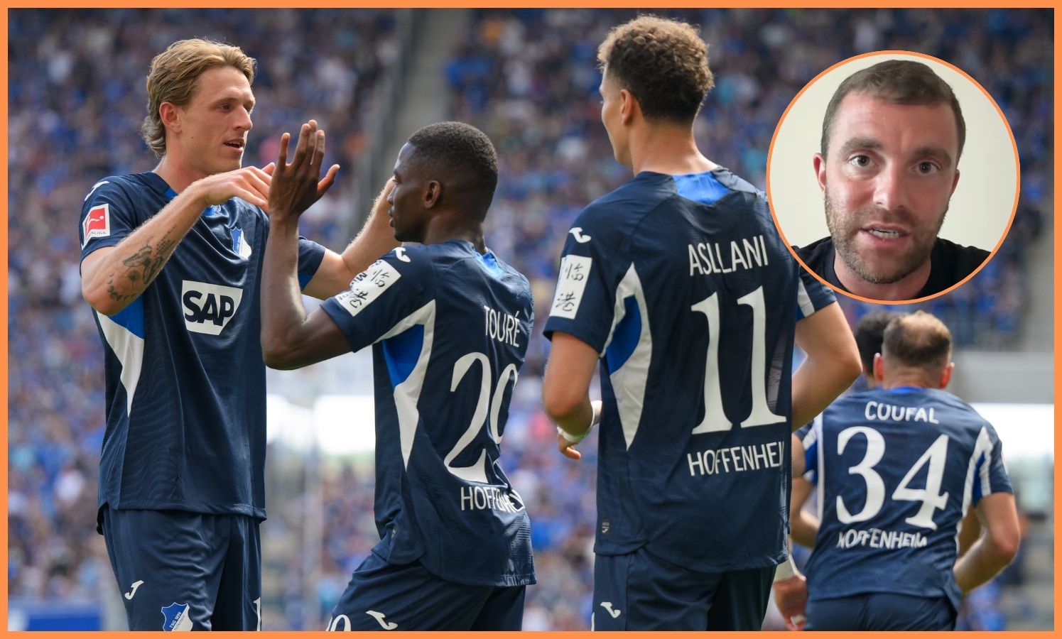 Bazoumana Toure oslavuje so svojimi spoluhráčmi z Hoffenheimu