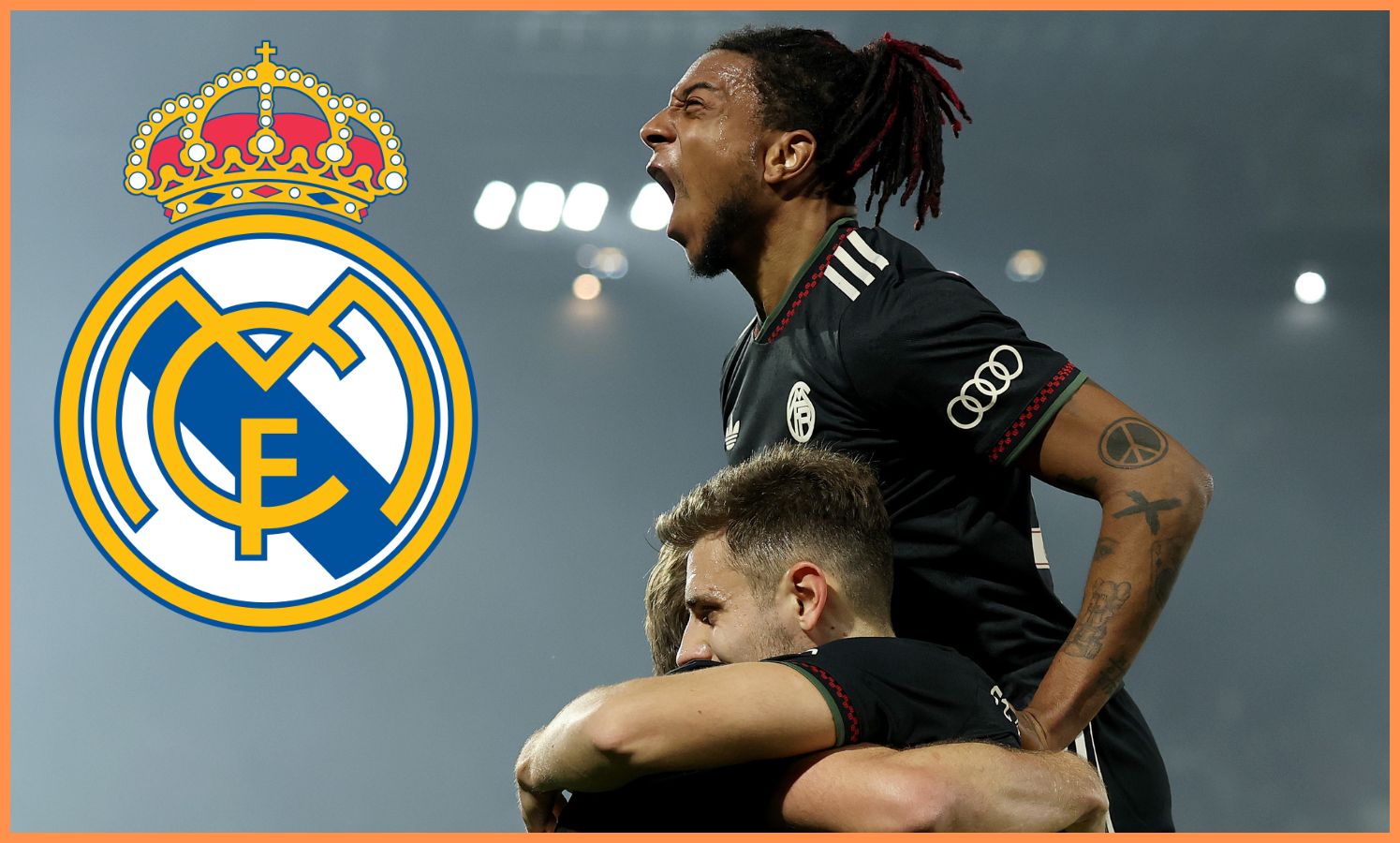Michael Olise oslavuje a logo Realu Madrid