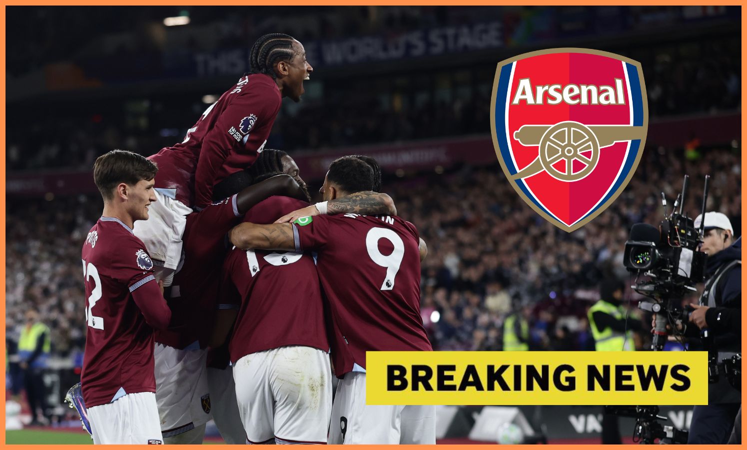 Hráči West Hamu oslavujú, logo Arsenalu a banner s novinkami
