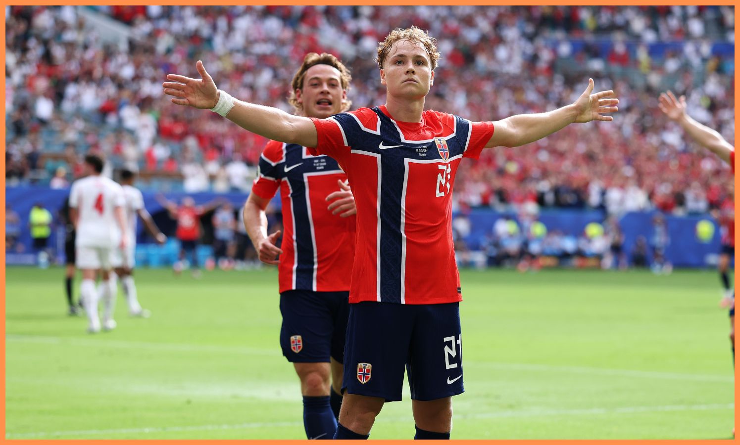 Andreas Schjelderup oslavuje gól v zápase Nórsko proti Anglicku