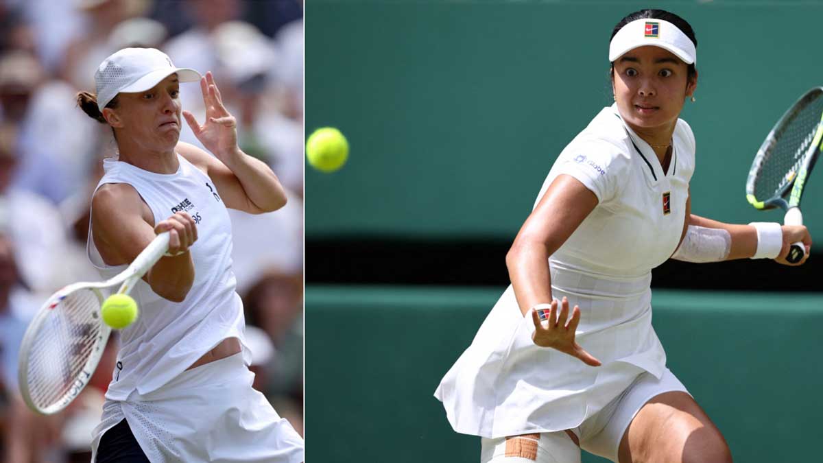 MUSTWATCH Poľka Iga Swiatek (vľavo) a Filipínka Alexandra „Alex“ Eala si v sobotu zahrali v treťom kole tenisovej dvojhry žien vo Wimbledone. – AFP