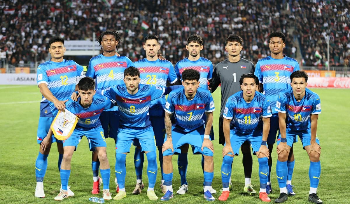 Mužský futbalový tím Filipín pred zápasom Tadžikistanu v kvalifikácii Ázijského pohára AFC 2027. Raphael Obermair