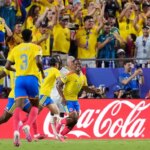 3. júla 2026; Kansas City, Missouri, USA; Kolumbijčan Jhon Arias oslavuje svoj prvý gól. Povinný kredit: Jay Biggerstaff-Imagn Images