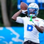 Cornerback Detroit Lions Terrion Arnold (6) trénuje počas mini kempu v Meijer Performance Center v Allen Parku v utorok 16. júna 2026.