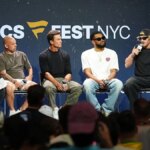 Tom Brady, Karl-Anthony Towns a Logan Paul hovoria na pódiu Fanatics Fest NYC.