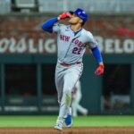 6. júla 2026; Cumberland, Georgia, USA; Ľavý hráč v poli New York Mets Juan Soto (22) oslavuje, že počas deviatej smeny v Truist Parku zaútočil proti Atlanta Braves. Povinný kredit: Jordan Godfree-Imagn Images