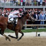 Žurnalistika s džokejom Umbertom Rispolim prekročila cieľovú čiaru a vyhrala 150. Preakness Stakes v roku 2025.
